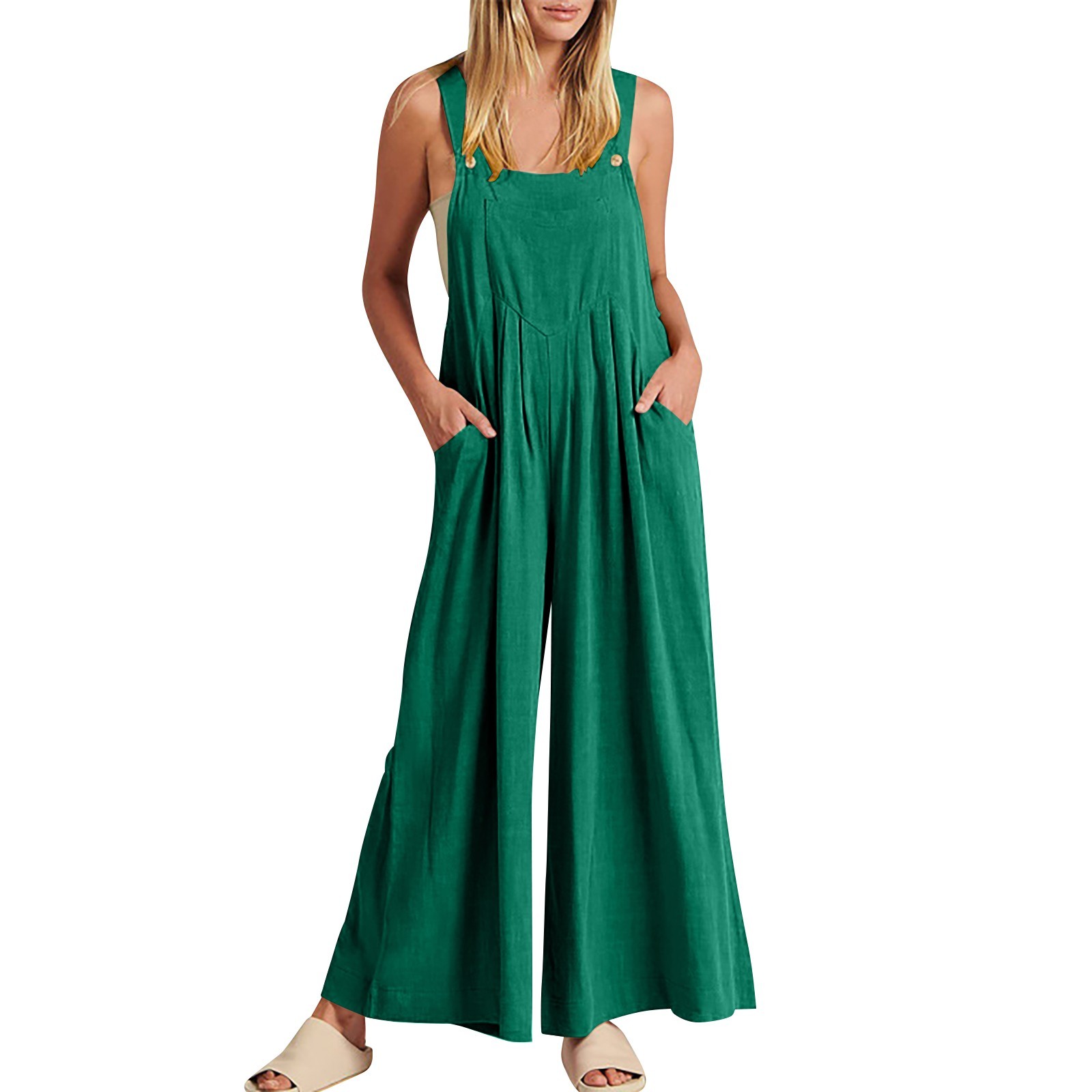 thumbnail image 1 of Mono ajustable con tirantes finos para mujer: pierna ancha, cintura elástica, mono informal de verano, 1 of 4